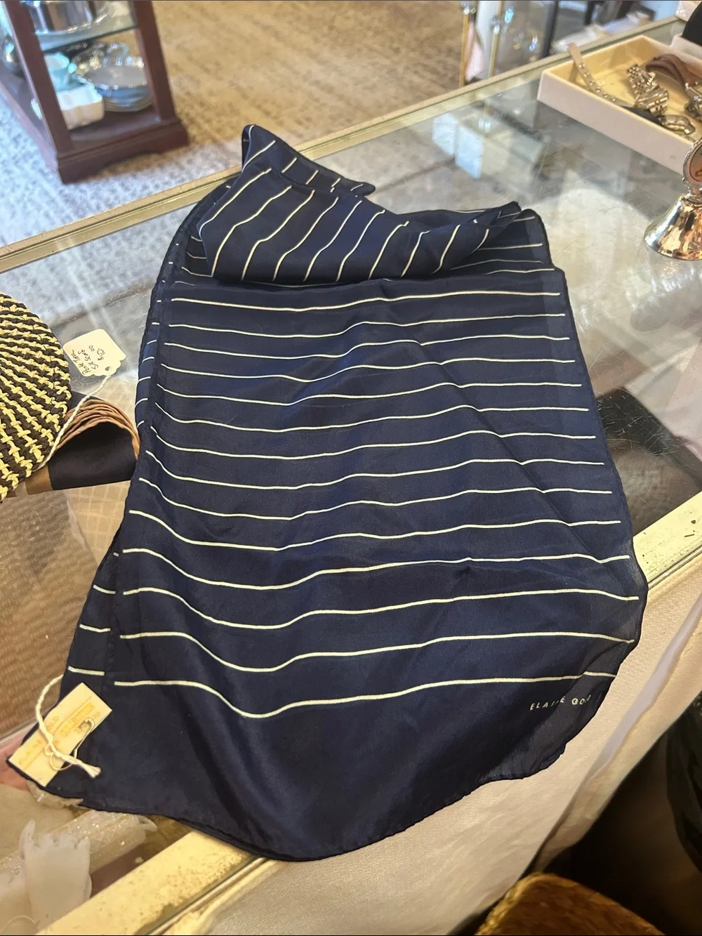 Navy Striped Silk Scarf with Subtle Logo